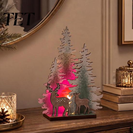 LED Lighted Xmas Tree Wooden Christmas Table Decor with Light, Rustic Standing Sign Holiday Decoration Reindeer Santa Claus for Tiered Tray,