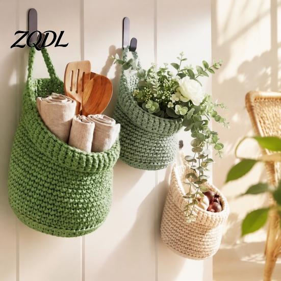 Space Saving Wall Decor 3PCS Woven Hanging Storage Bag, Natural Cotton Rope Fruit Baskets, Decorative for Cosmetics Boho Multi-functional Crochet