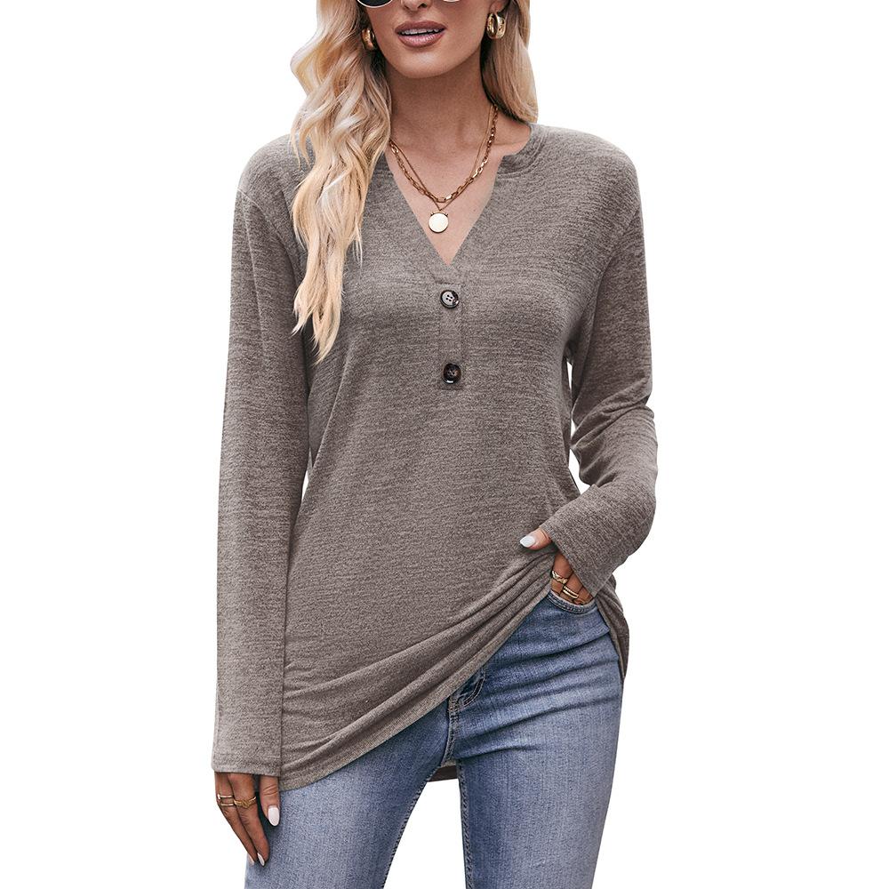 Autumn Women's Casual V-Neck Buttoned Milled Blouse Long Sleeve Top