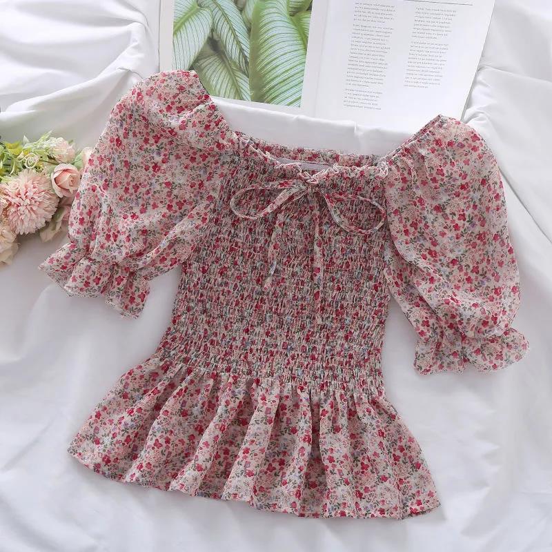 Women's Puff Sleeve Chiffon Shirt Off Shoulder Square Neck T-Shirt Slim Fit Women's Floral Top Womens Blouses