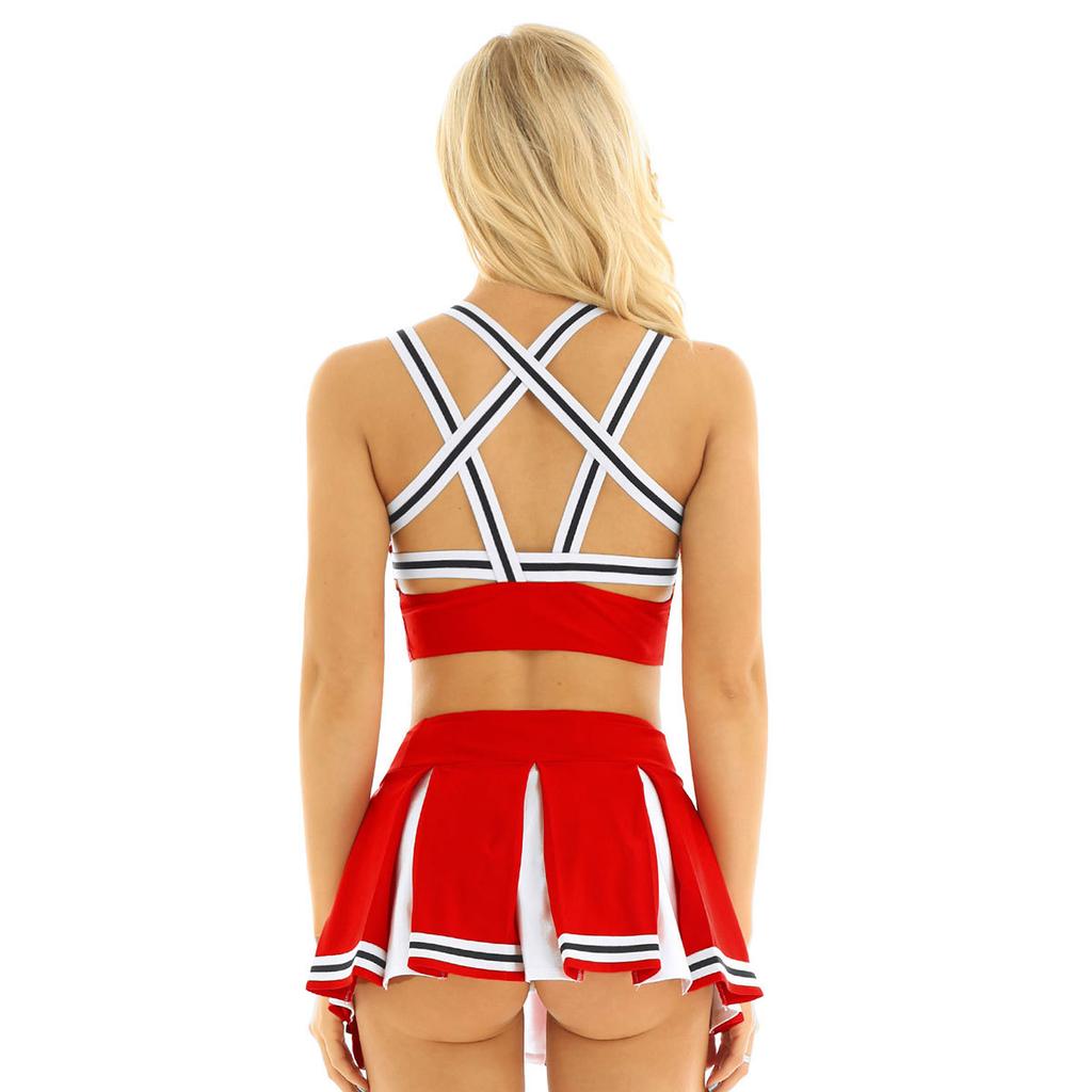 Women Cosplay Uniform Sleeveless Crop Top with Mini Pleated Skirt Cheerleader Costume Set