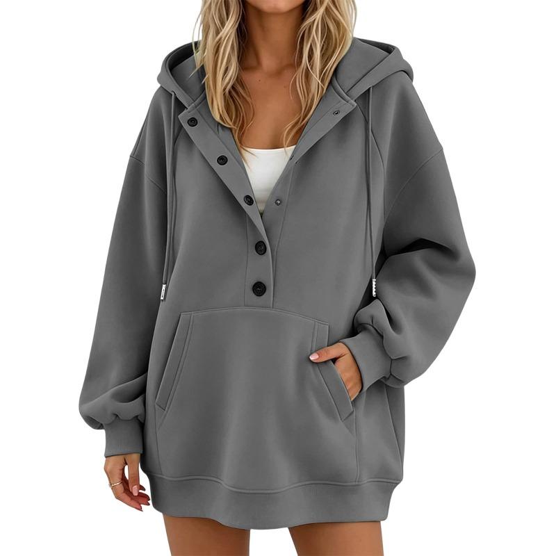 Women S Loose Fit Mid Length Long Sleeve Button Collar Sweatshirt Casual Style