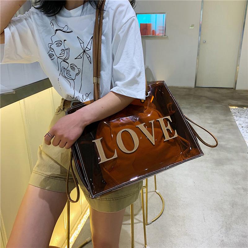 Модные женские прозрачные сумки на ремне из ПВХ желе ярких цветов, большая вместительная сумка-тоут коричневого цвета