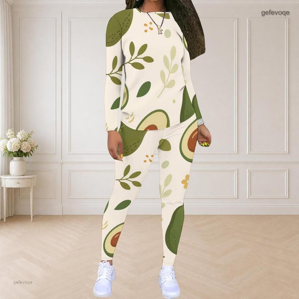 Women Plus Size Round Neck Long Sleeve Tropical Printed Fitted Pants Two Piece Set