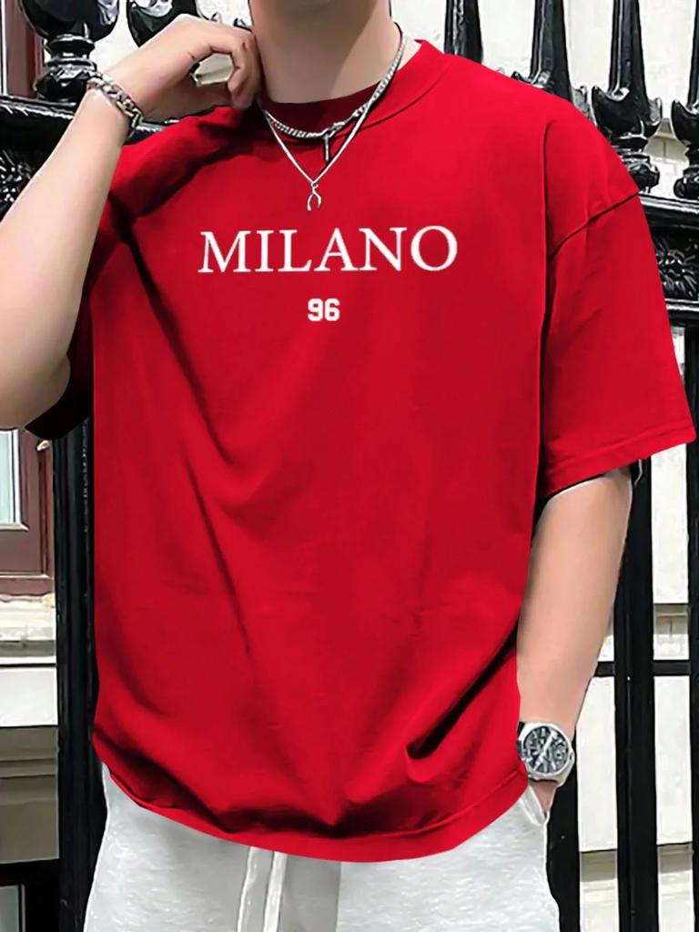 Summer New Men 100% Cotton Loose Size MILANO 96 Letter Printed Slim-fit Casual Sports Round Neck Short Sleeve T-shirt Top