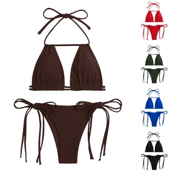 2 шт./компл., женский сексуальный комплект бикини, бюстгальтер без рукавов с лямкой на шее, высокая талия, трусы для плавания на шнуровке, комплект, одноцветная пляжная одежда с разделенным дизайном