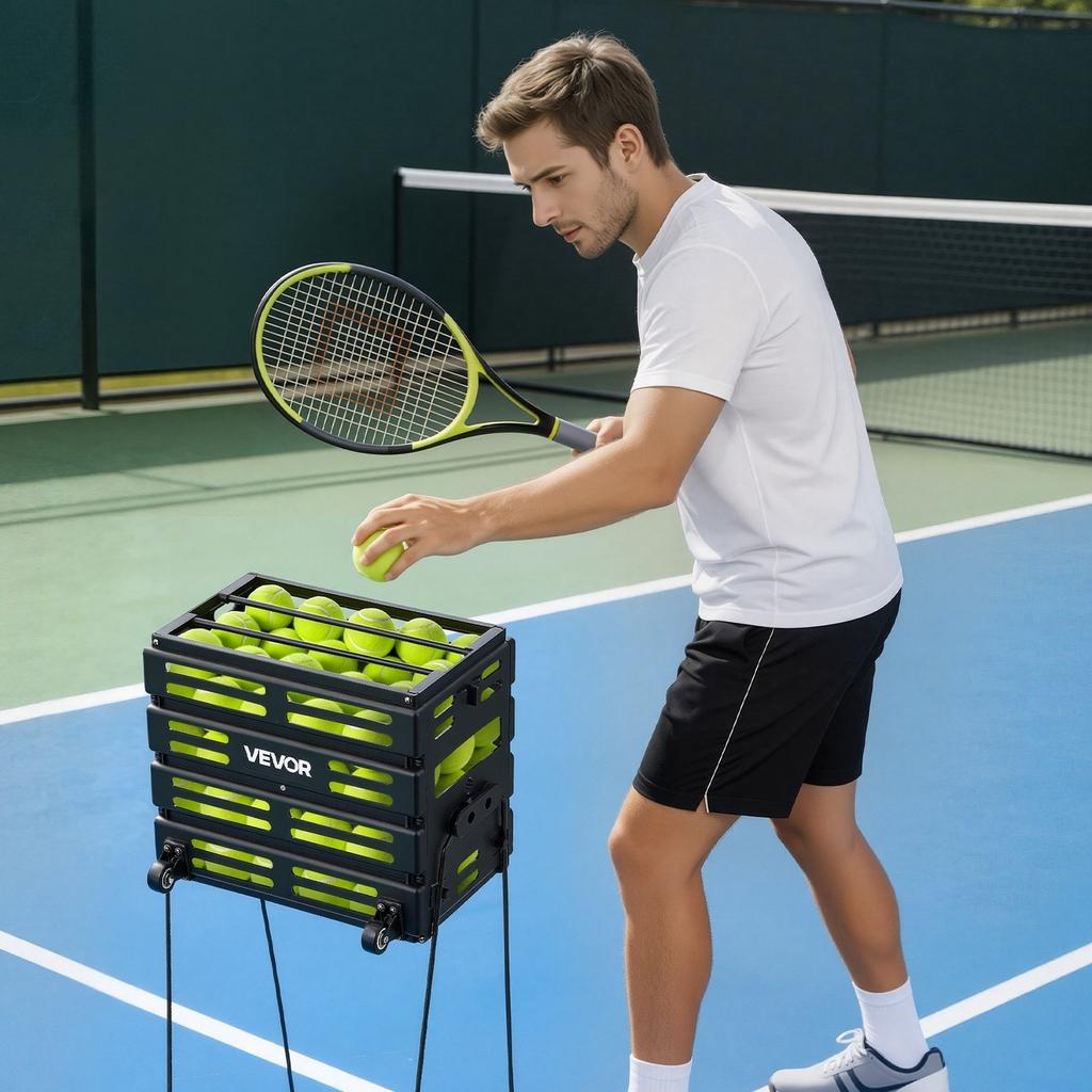 Tennis Ball Hopper, Holds 80 Tennis Balls, Pickleball Basket Cart with Wheels for Easy Pick Up, Portable Pickleball Collection Caddy with Heavy-Duty