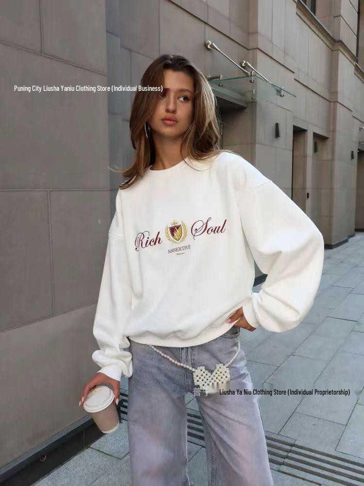 European Autumn/Winter 2025 Women's Stylish Printed Pullover: Loose, Versatile, Plus Velvet, Round Neck Sweatshirt