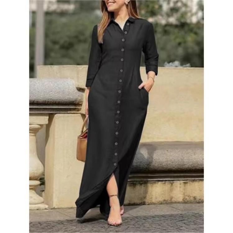 Women Casual Denim Shirt Dress Long Sleeve Button Down Collar Flip Tie Pocket Long Skirt Comfortable New Fashion Autumn
