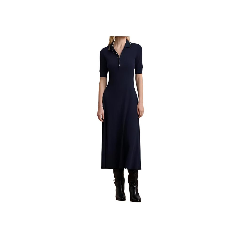 Платье midi с вышивкой и рубчиком Polo Ralph Lauren, женское, с коротким рукавом, темно-синее 200957638-001