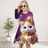 Girl Casual 3D Print Crown Cat Round Neck Long Sleeve Dress Kid Princess Dress