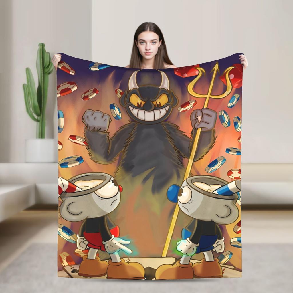 Cartoon Cuphead and Mugman Game Blankets Flannel Summer Multifunction Lightweight Throw Blanket for Home Couch Bedspread