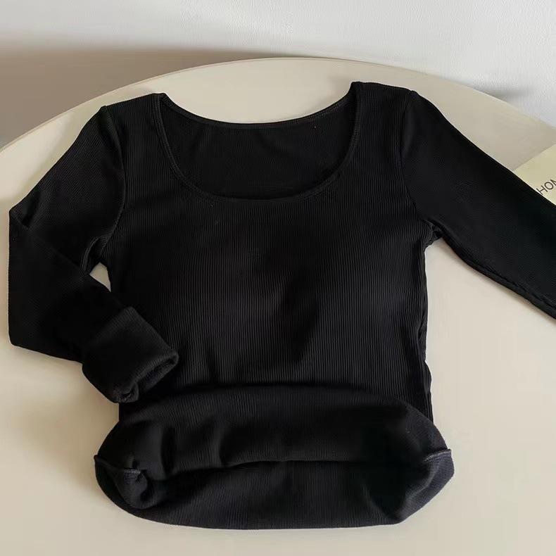 Футболка в корейском стиле облегающего кроя с квадратным вырезом из матового вельвета с нагрудными вкладышами для осени и зимы