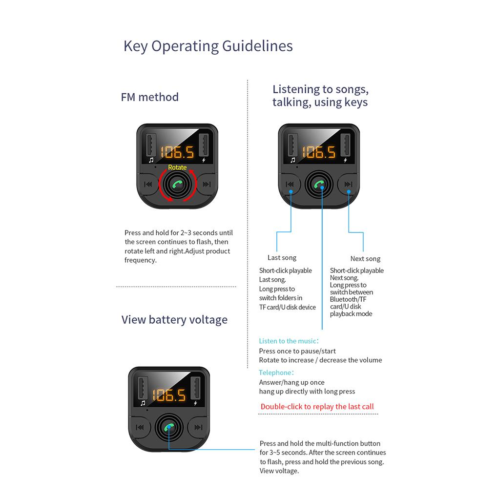 Автомобильное зарядное устройство с двумя USB-портами Bluetooth 5.0, светодиодный экран, шумоподавление, MP3-плеер, комплект громкой связи, FM-передатчик