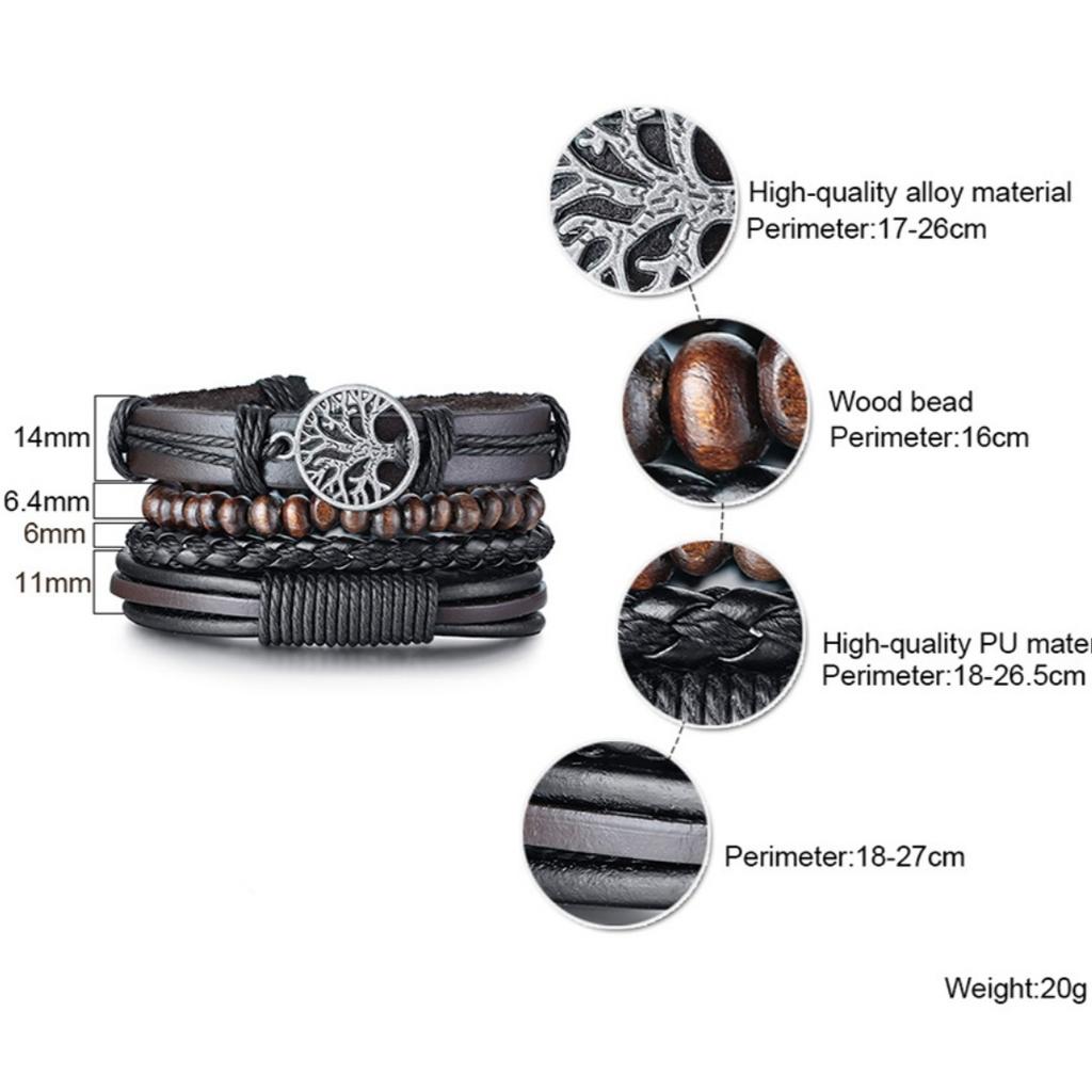 4 шт. Плетеные кожаные браслеты для мужчин Винтажный амулет Дерево Жизни Деревянные бусины Этнический браслет Подарок для папы, парня
