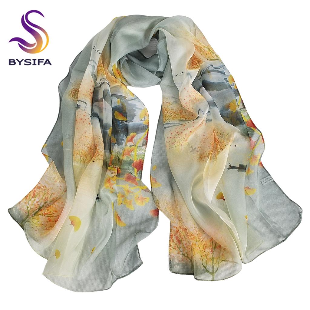 [BYSIFA] Women Chiffon Pure Silk Scarf Cherry Blossom Floral Design Long 100% Silk Shawl Scarf Purple Pink Silk Scarves Echarpes