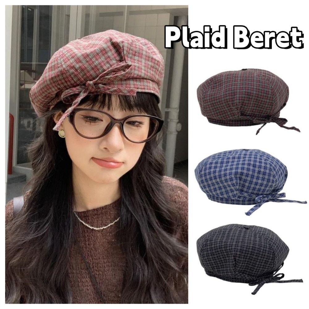 Женская шляпа художника в корейском стиле с бантом, женская восьмиугольная кепка, милый клетчатый берет, для улицы