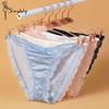Women Satin Lace Mesh Panties Mid-waist Briefs Seamless Thin Belt Ice Silk Underwear