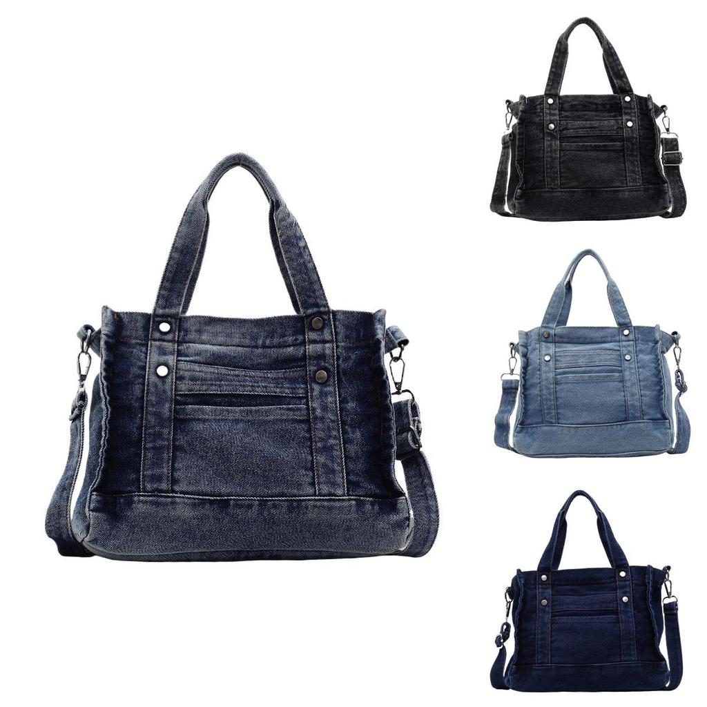 Urban Minimalist Denim Tote Bag For Women With Zipper Closure And Interior Pockets