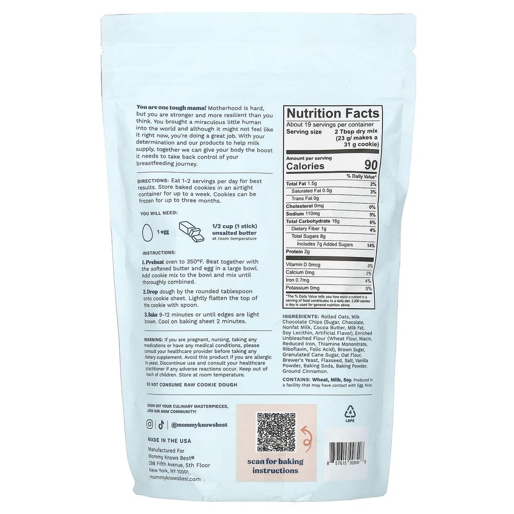 Mommy Knows Best Breastfeeding Cookie Mix, Oatmeal Chocolate Chip, 15 Oz (425 G)