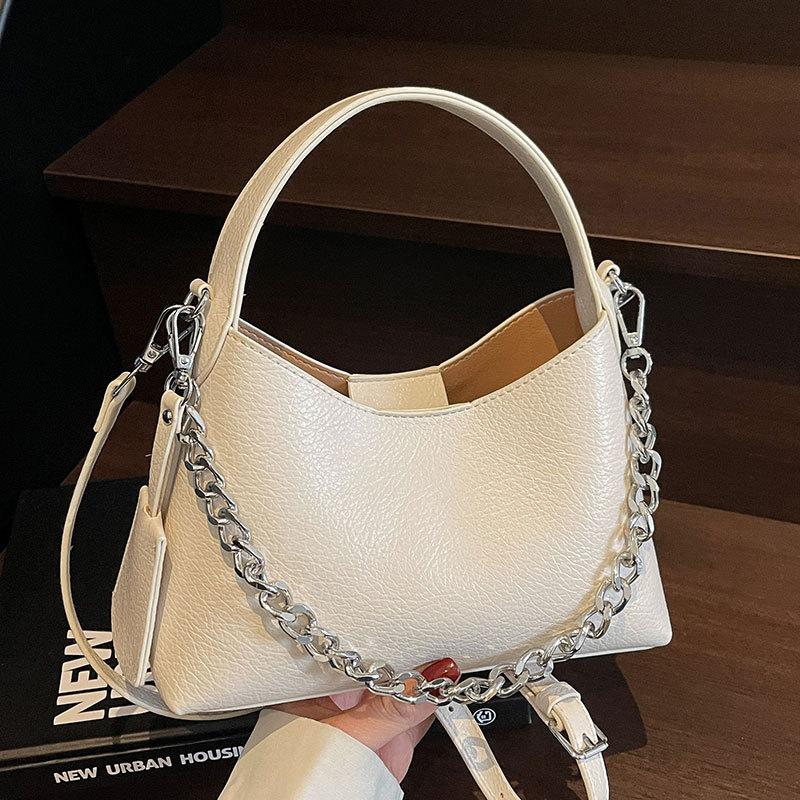 Korean Style Simple Trend Casual Lychee Pattern Texture Chain Portable Bucket Bag Temperament Versatile Commuter Style Messenger Bag