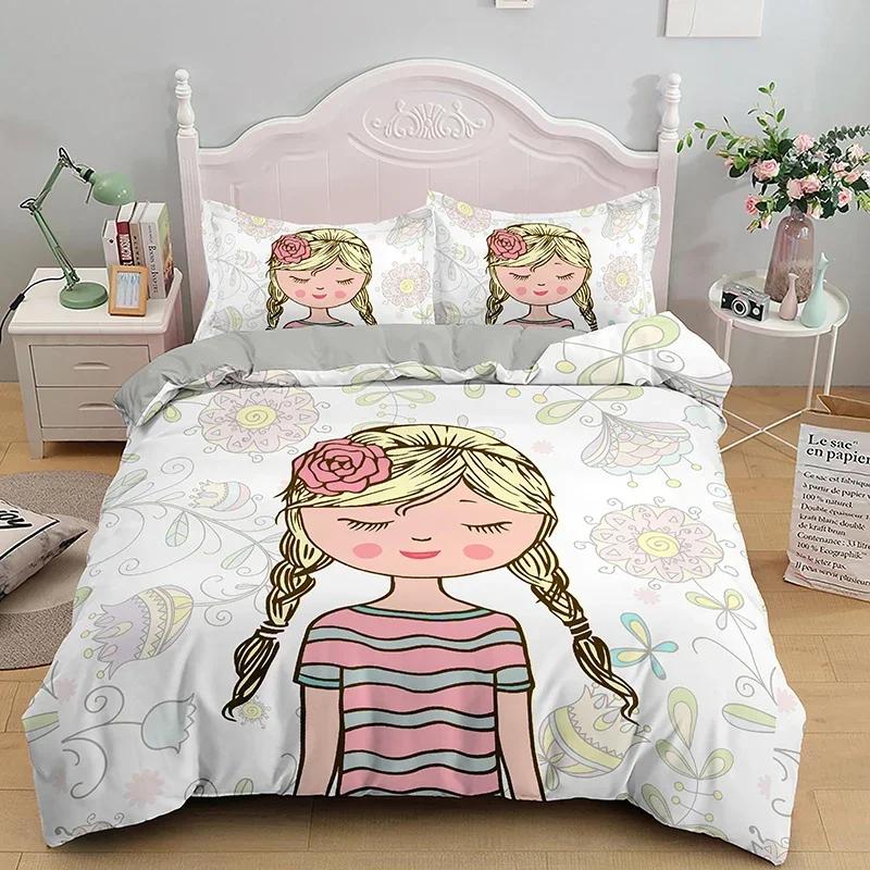 Cartoon Girly Watercolor Fashion Girl Comfortable Duvet Cover Pillowcase Bedding Set Children Bedroom Decoration Home Textile