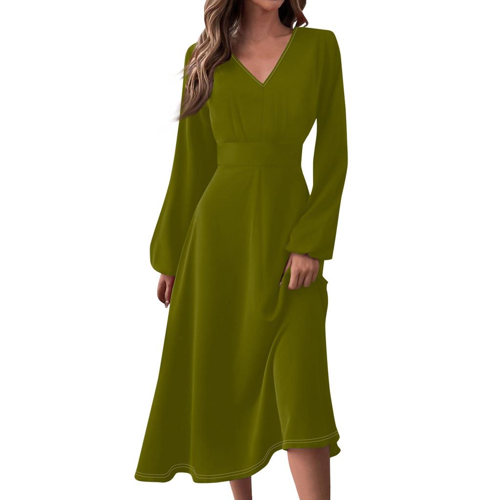 Women's  And Winter Casual Fashion V-neck Long Sleeve Solid Color Long Dress