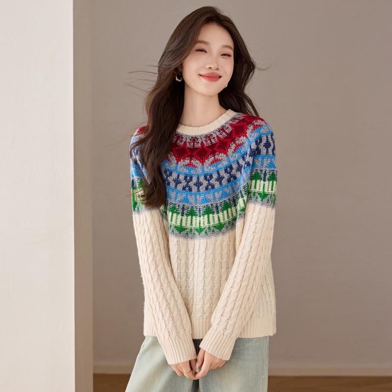 Women's Color-Blocking Wool Pullover Sweater - Stylish Loose Fit for Autumn and Winter
