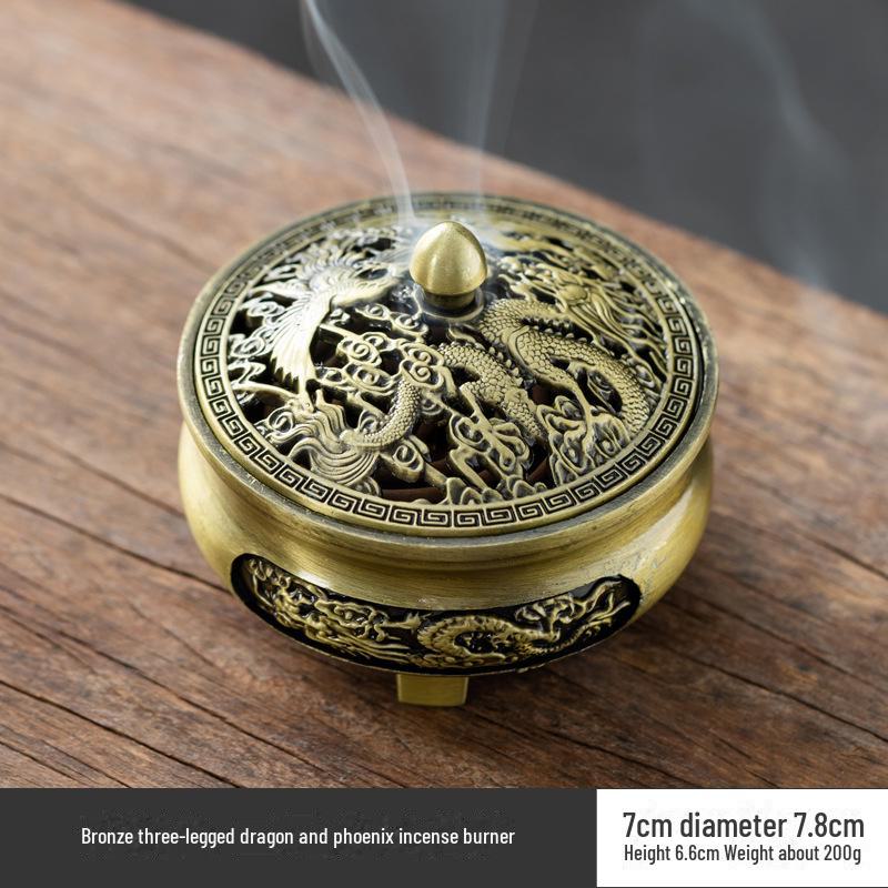 Antique Gold Tripod Carved Copper Incense Burner for Home Zen Tea Ceremony