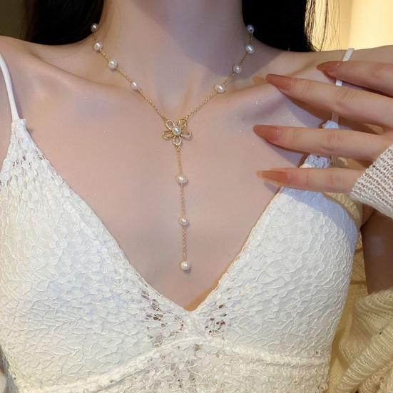 Женское ожерелье, удлинительная цепочка в форме цветка, выдалбливают искусственный жемчуг, регулируется, украшение для шеи, выпускного вечера