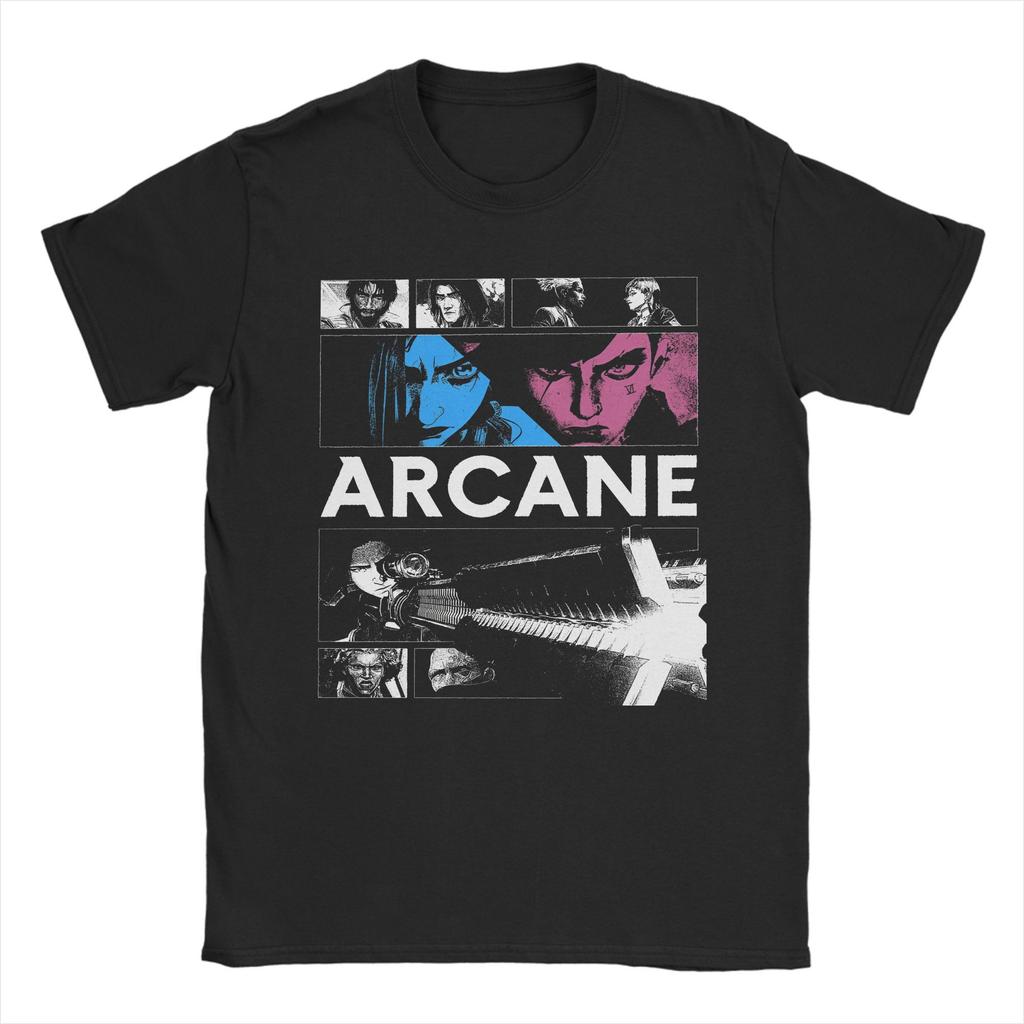 Crazy Arcane Poster Jinx Vi Sister T-Shirt for Men Crewneck Cotton T Shirts Anime Game Short Sleeve Tees Plus Size Merch