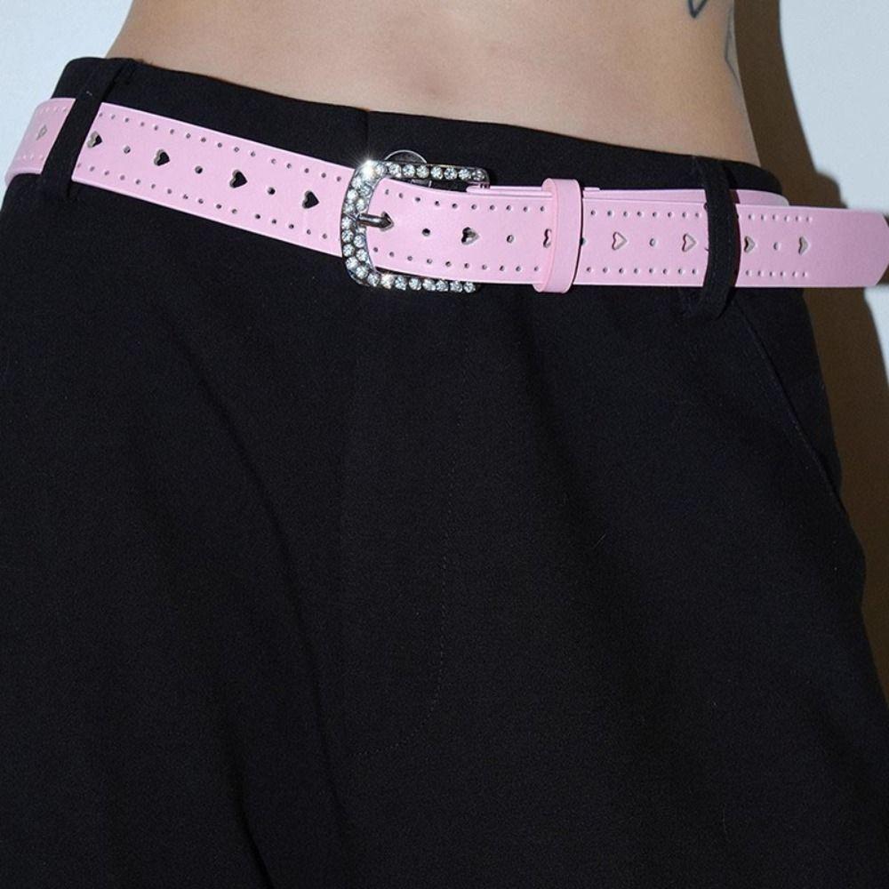 Jeans Decor Y2K Wide Belt Love Heart PU Leather Waistbands Lovely Rhinestone Waist Belt Daily