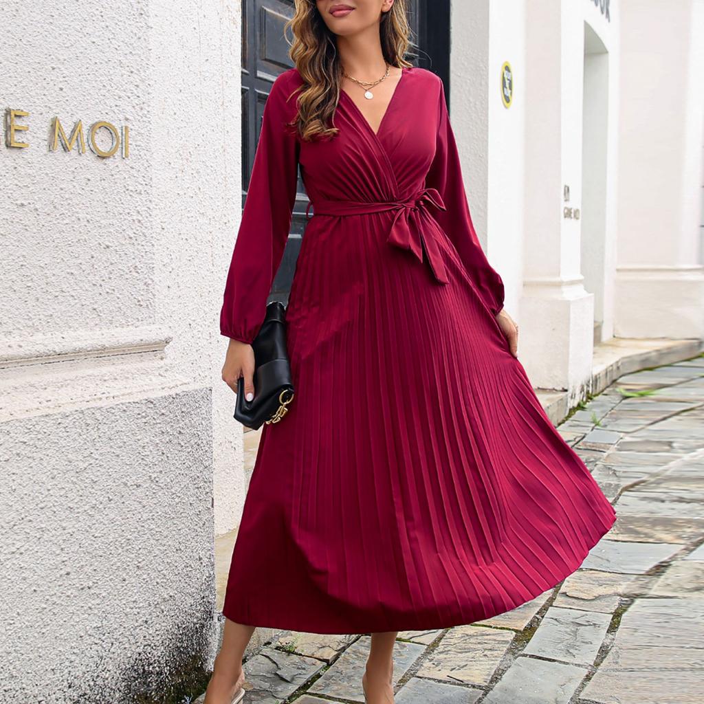 Женское повседневное модное темпераментное платье с V-образным вырезом и большим плиссированным длинным рукавом
