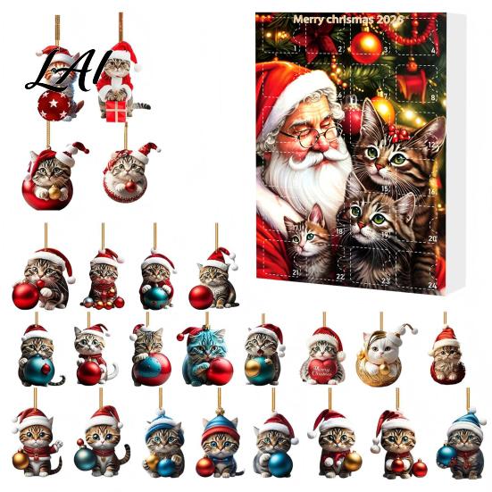 Christmas Tree Ornament Set Cat Advent Calendar 24 Days Countdown Cute 2D Kitten Holiday Car Rearview Mirror Decor Ornaments for Party Decor