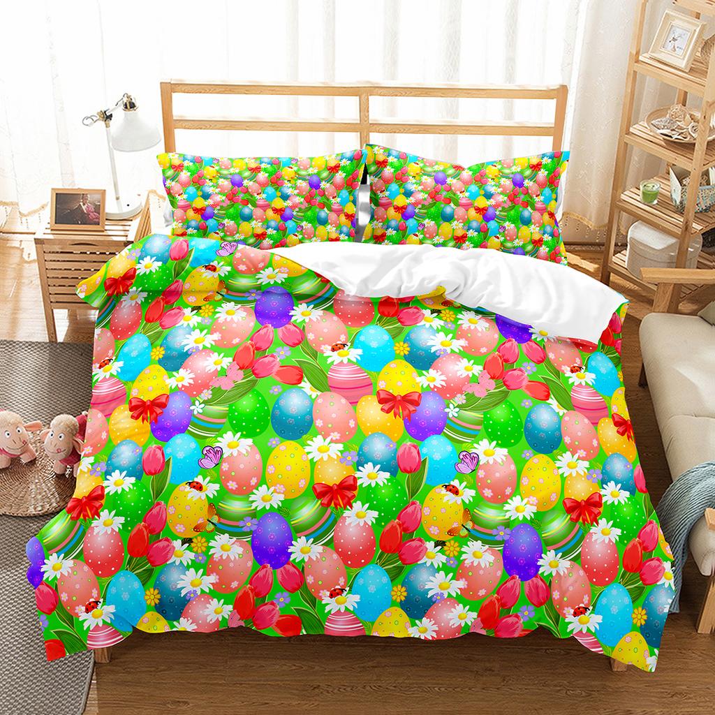 Пододеяльник с рисунком кролика из мультфильма Twin Queen, комплект постельного белья с разноцветными яйцами, микрофибра, цветочное одеяло, покрывало для девочек и мальчиков, пасхальный подарок