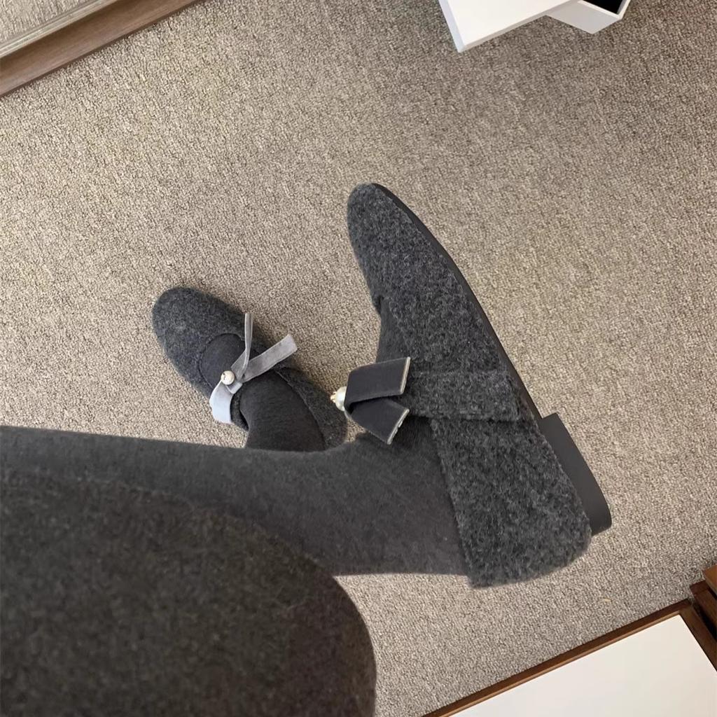 Серые туфли Мэри Джейн, пушистые, женские, хлопковые, для носки зимой, новые, сказочные, на плоской подошве, бархатные одинарные туфли