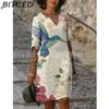 Женская мода лето весна цветочный принт рукав 2/1 V-образный вырез повседневные платья