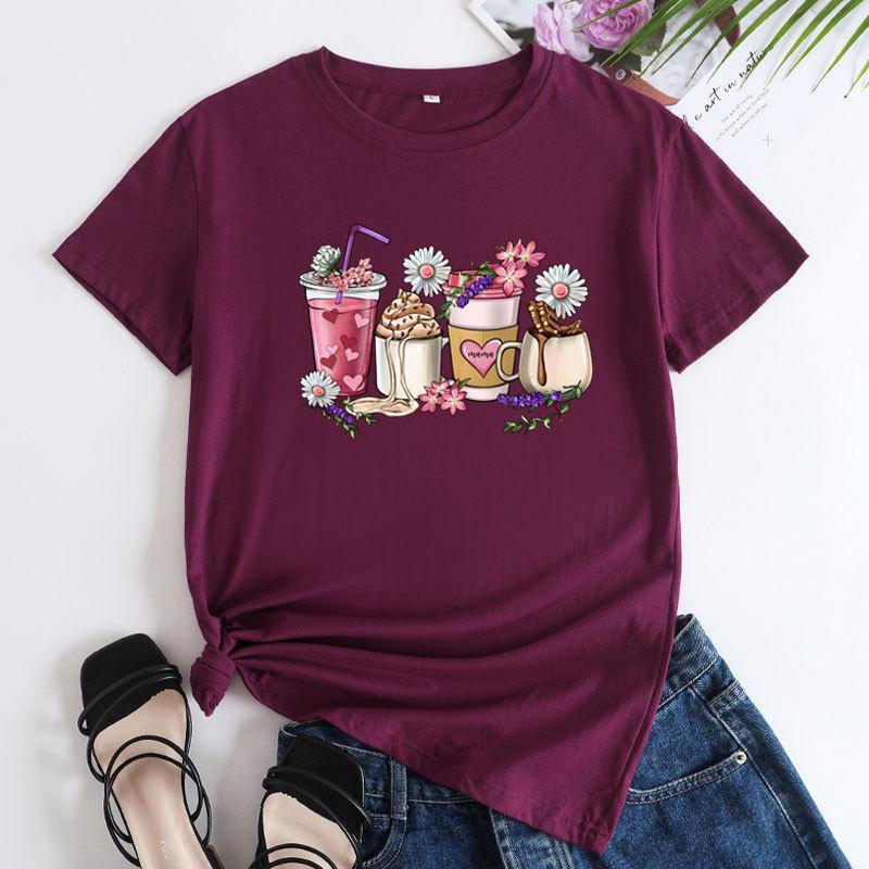 COTTON 100% Women's Milk Tea Cup Print round Neck Short-Sleeved T-shirt European And United States Style Casual Top Clothing