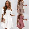 Women Off Shoulder Midi Dress Summer Sexy Short Solid Sleeve Ruffles Dresses Fashion Casual Holiday Sundress Loose Vestidos