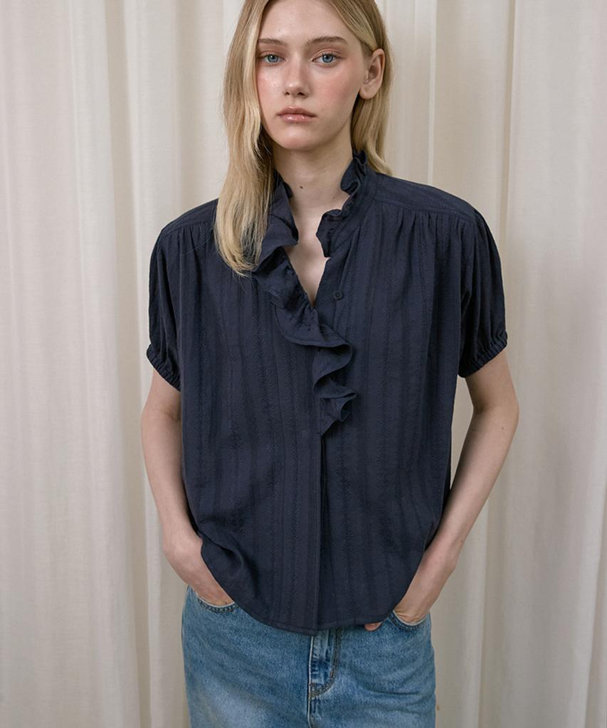 SIGREAT Embroidered Frill Blouse_Navy