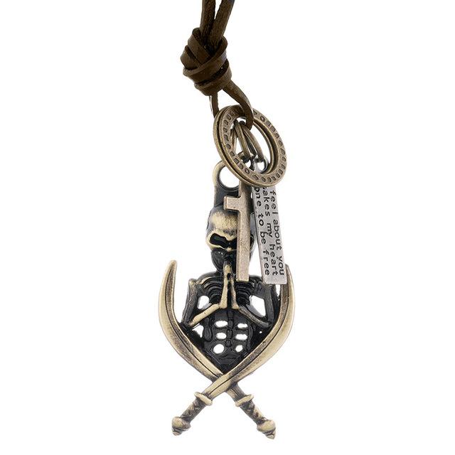 Винтажное мужское ожерелье из натуральной кожи, мужской кулон в виде скелета, цепочка для мужского воротника, длинный кожаный шнур, ожерелье в стиле панк