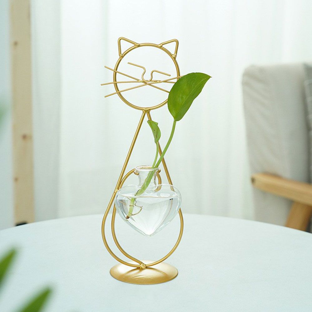 Simple Cat Iron Art Hydroponic Plant Vase Clear Glass Vase Plant Flower Pot Flower Arrangement