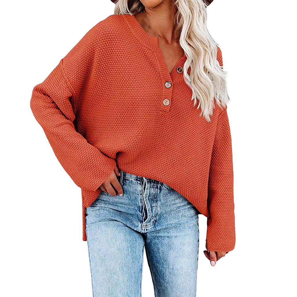 Женская мода, повседневный однотонный свободный вязаный пуловер с круглым вырезом и пуговицами, топ