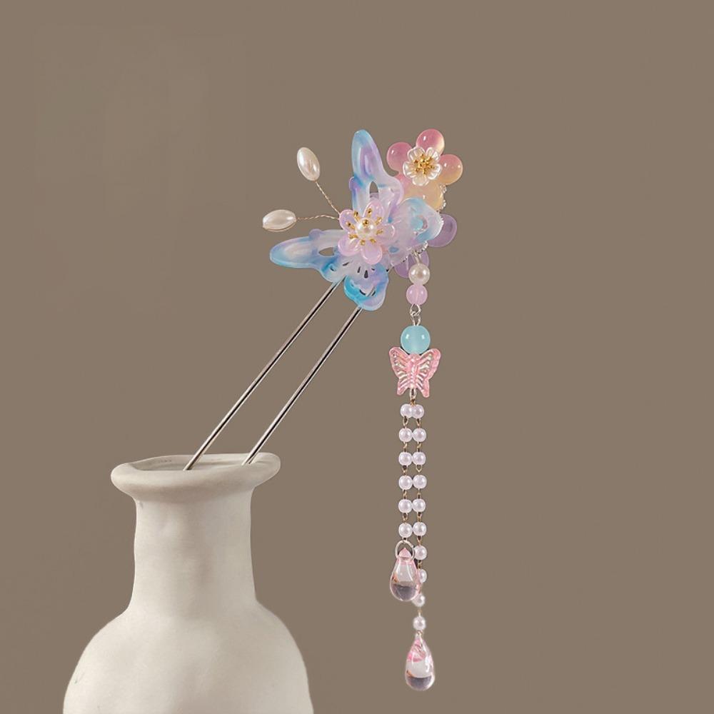 Chinese Style Flower Hair Stick Handmade Hanfu Hair Bun Elegant Butterfly Hairpin  for Hanfu Party