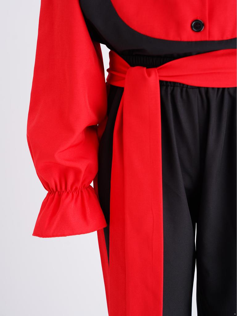 Boys Flamenco Dance Outfit Color Block Turn Down Collar Long Puff Sleeve Pullover Shirt Elastic Waistband Pants Belt