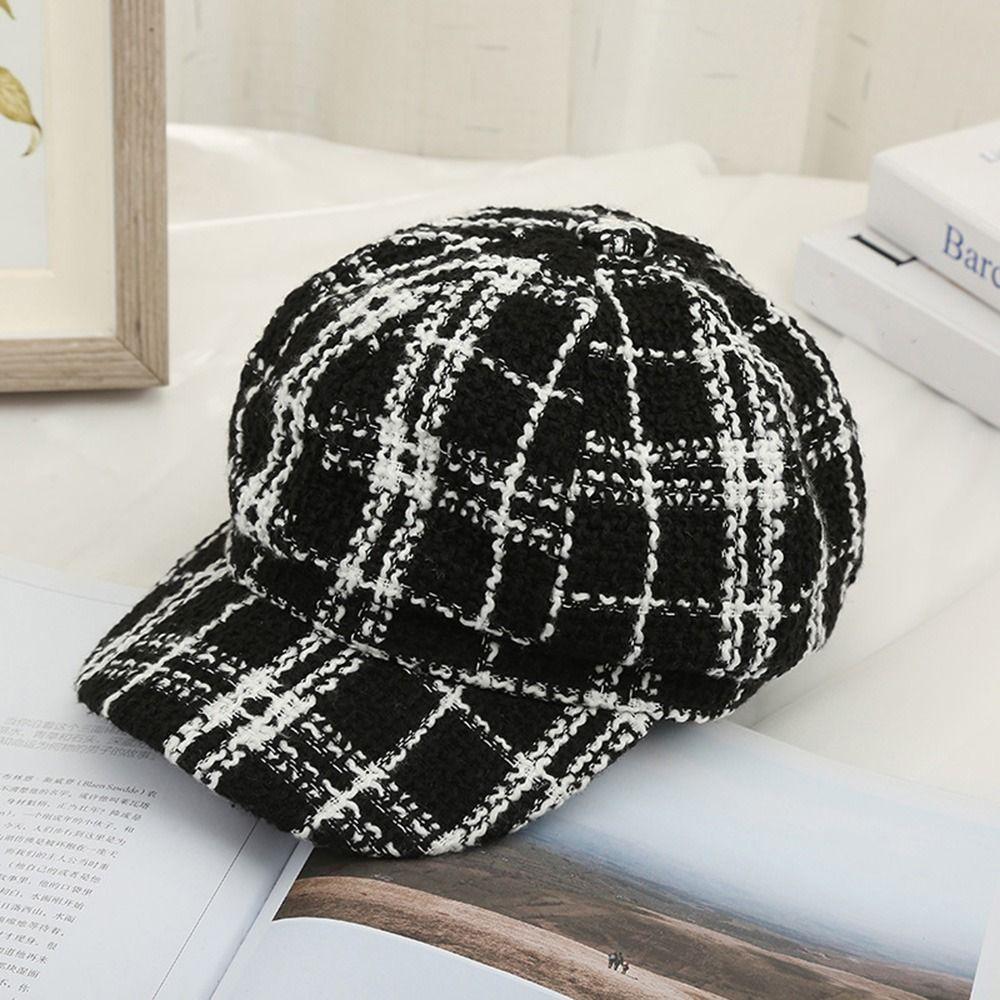 Для Девочек Корейский Стиль Осень Для Женщин Женщин Козырьки Кепка Шляпа Художника Восьмиугольная Кепка Клетчатый Берет