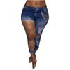 Fashion Women Solid Slim Denim Ripped Chain Big Hole Jeans Trousers Pencil Pants