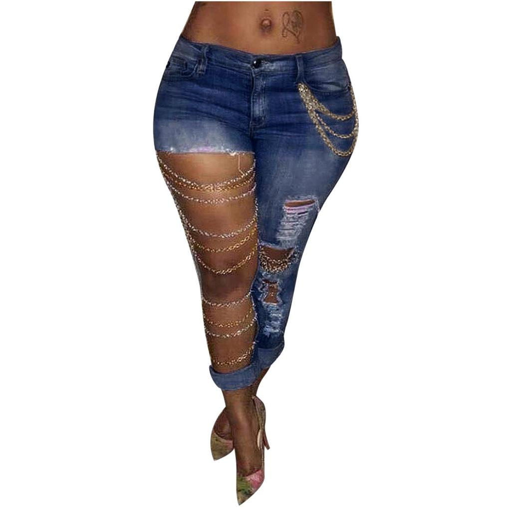 Fashion Women Solid Slim Denim Ripped Chain Big Hole Jeans Trousers Pencil Pants