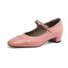 Cow Skin Spring Summer Size 41 Thick Med Heels Women Round Toe Metal Buckle Straps Shallow Pink Color Pumps