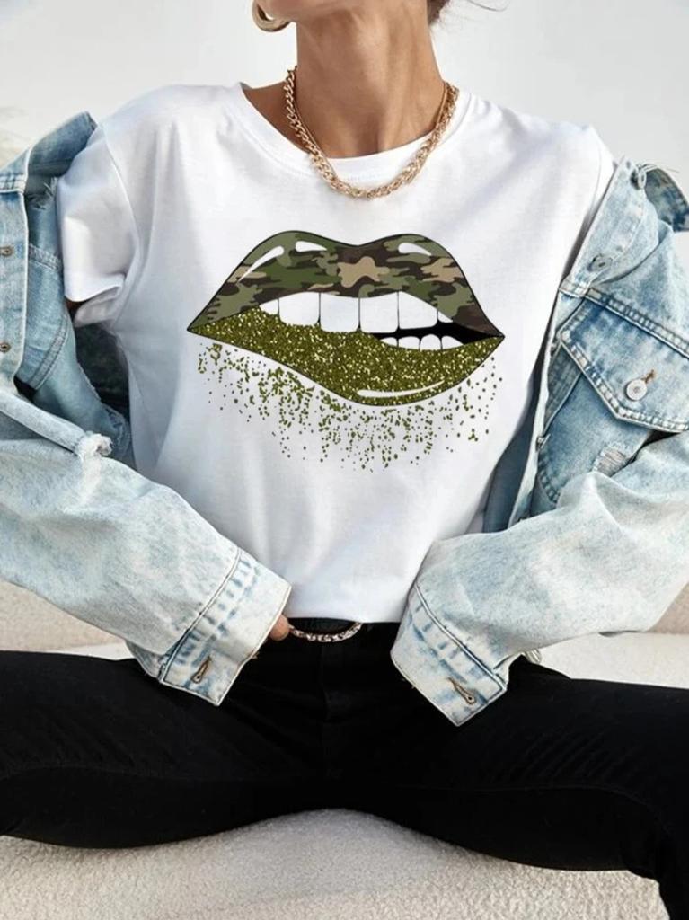 New Hot Red Lips Printed Unisex Tshirt Fashion Casual Tops 90s Girls Ladies Female Short Sleeve Clothing Tee Cute Graphic Top